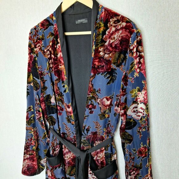 💙 Zara Burnt Velvet Floral Belted Pockets Kimono Coat Size S/M Preppy Chic Arts - Picture 5 of 8